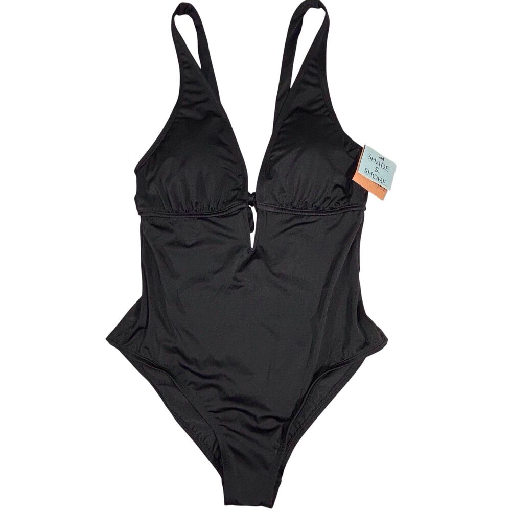 Shade & Shore Swimsuit Black Large One Piece Tummy Control Tie Back NWT